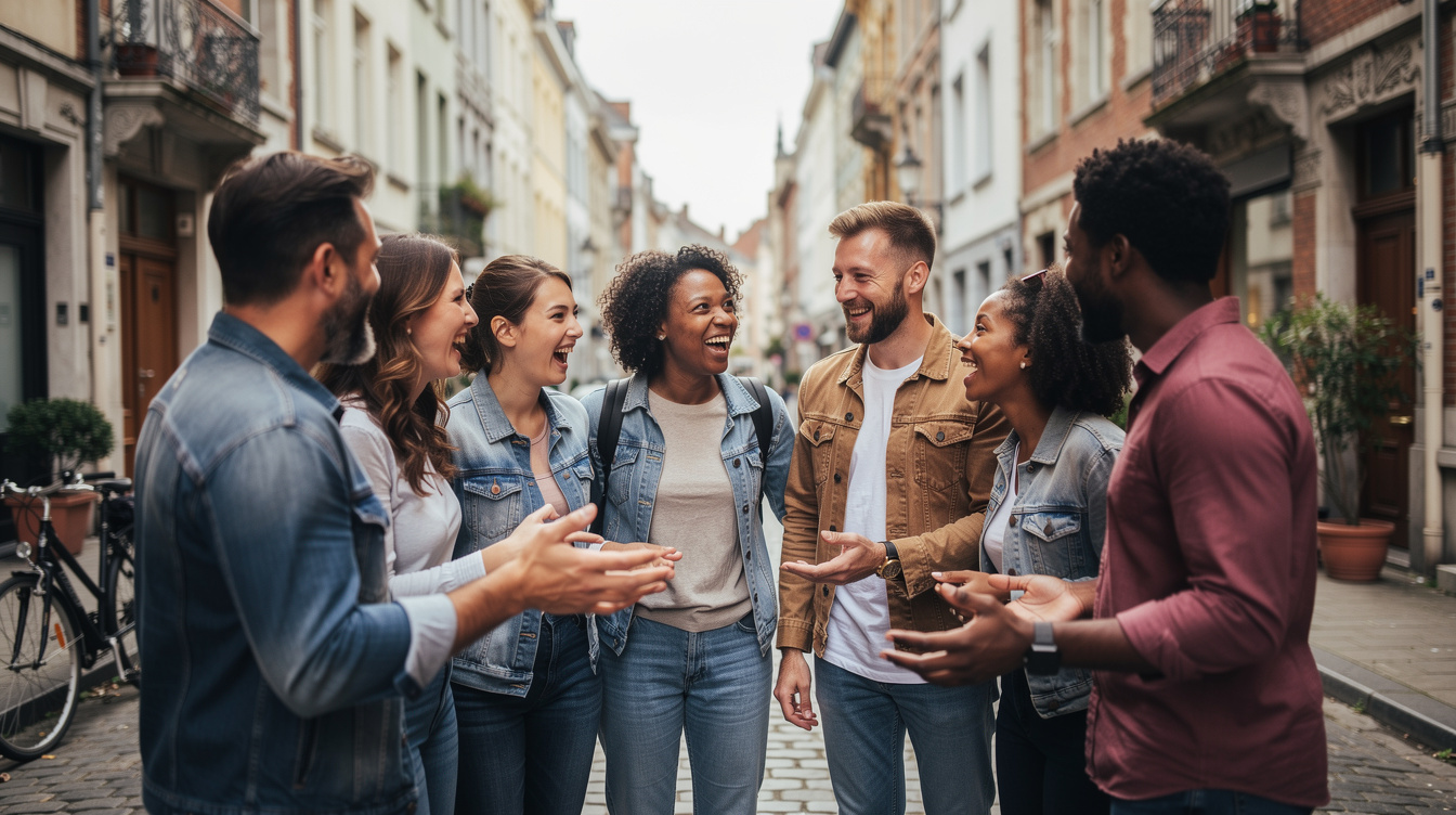 Group of diverse friends chatting and laughing on a city street