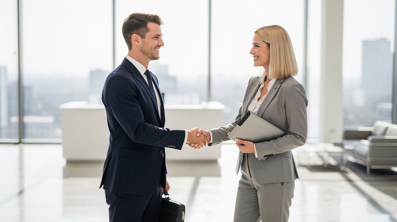 Two colleagues shaking hands and greeting each other in an office lobby